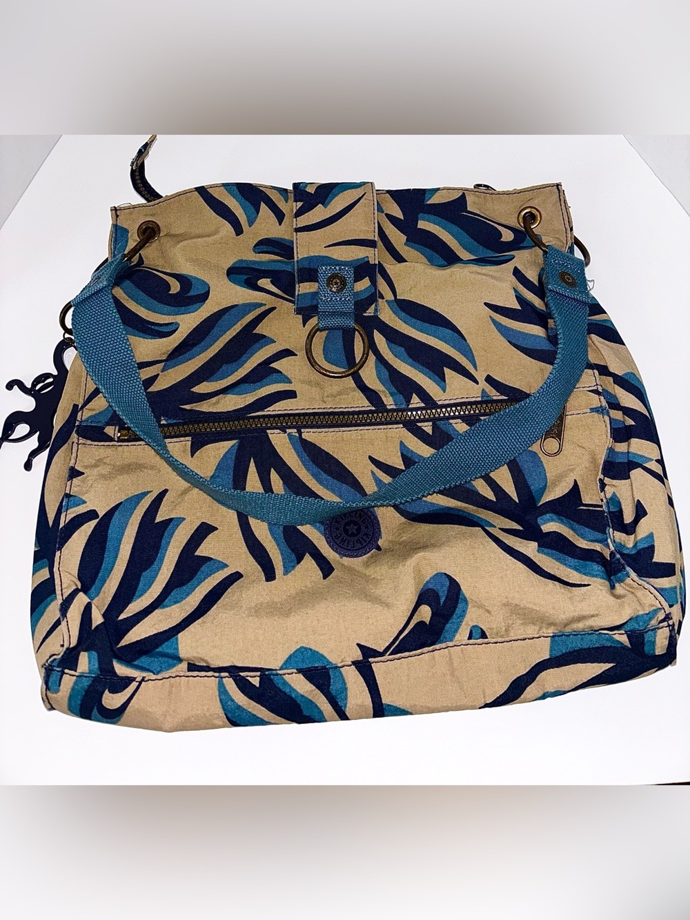 Kipling Canvas Bag with Blue Leaf Print